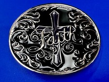 Religious Faith Cross Black Enameled Western Ornate NOS Attitude Belt Buckle