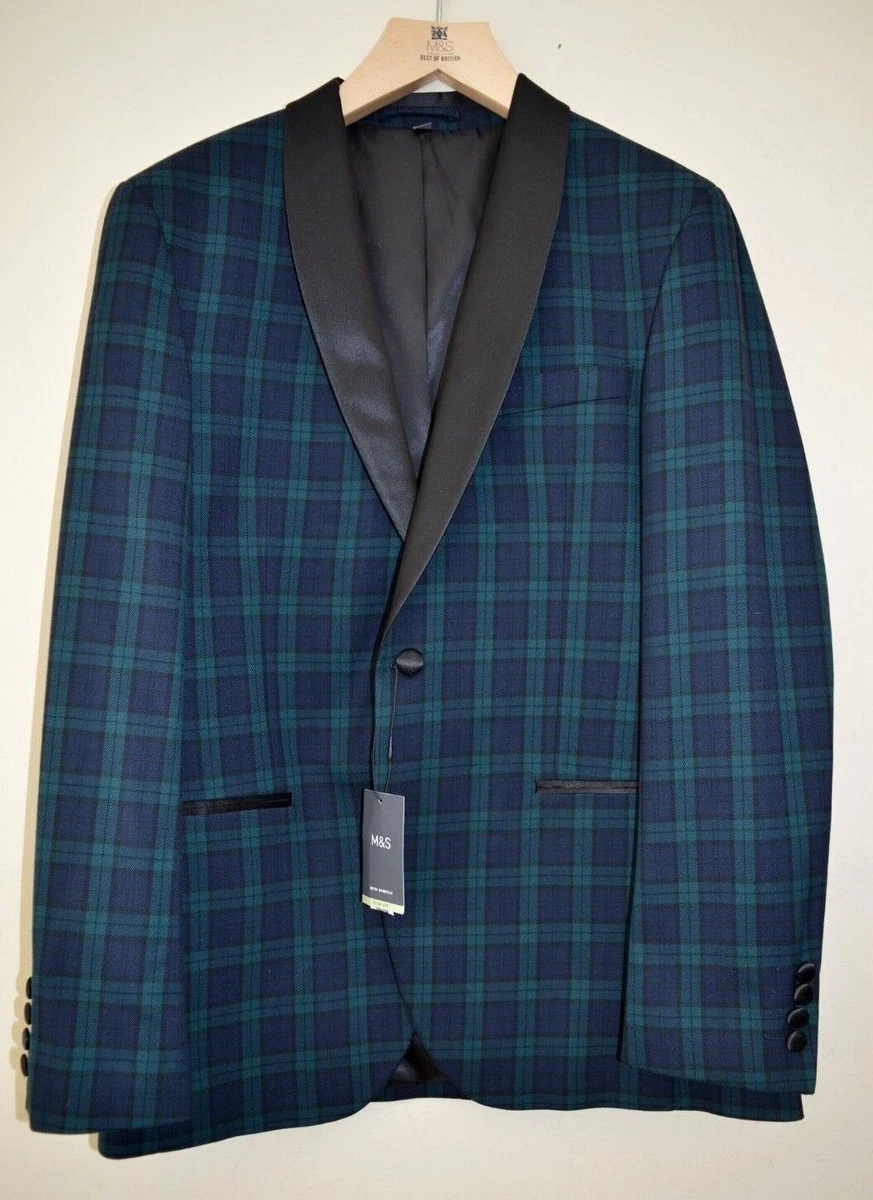 M S Collection Tartan Check Green Navy Tuxedo Slim Fit Jacket Sz