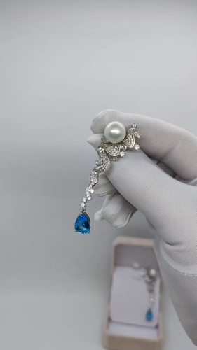 Genuine Huge Natural 14mm White Sea Pearl Earrings Drop PT950 Platinum Diamonds - Video 1 of 1