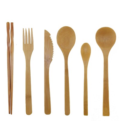 Reusable Wooden Bamboo Utensil Set 3 Spoons Fork Knife and Chopsticks - 2 Sets