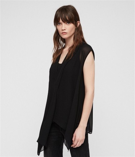 NEU OHNE ETIKETT ALLSAINTS KERY SCHWARZ ÄRMELLOS TRANSPARENT ASYMMETRISCH HIGH LOW TOP BLUSE XS - Bild 6 von 7