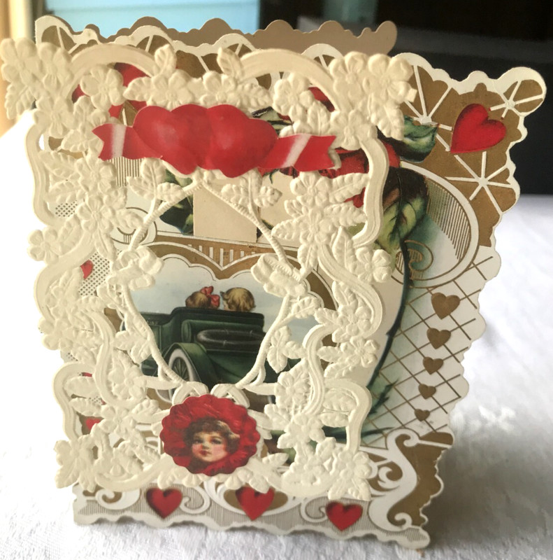Die-cut Vintage Single Fold Valentine Card ~ Paper Lace Window & Couple in Car