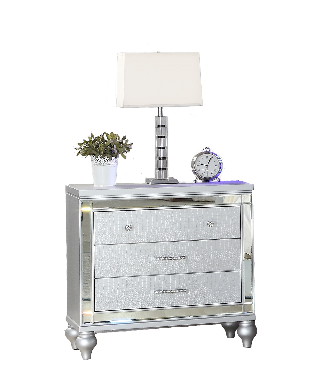 Modern Silver Wood Nightstand with Mirror and 3 Storage Drawers