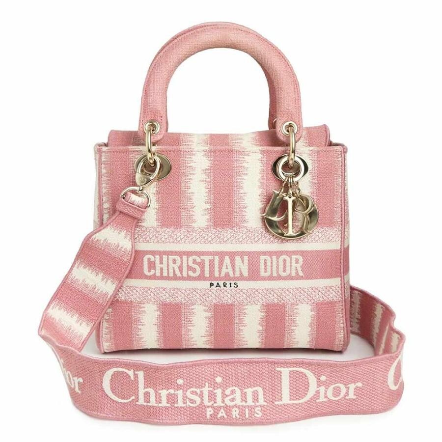 Christian Dior Lady D-Lite Medium Pink Canvas Shoulder Bag 2-Way Authentic