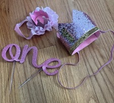 First Birthday Girl Crown Party Decor One Baby  s 1st Cake Topper Headband Lot