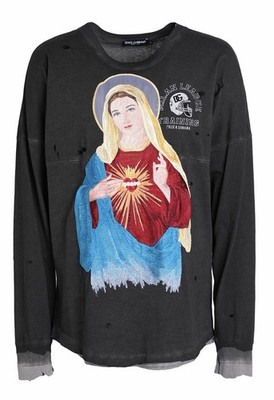 Dolce Gabbana RARE Men s Virgin Mary Embroidered Football Distressed Tshirt  NWT