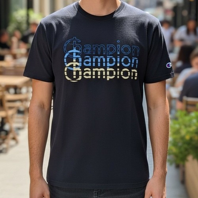 #ad #ad Champion Mens Navy Blue Stacked Logo Graphic T Shirt Large Crewneck Short Sleeve $12.97