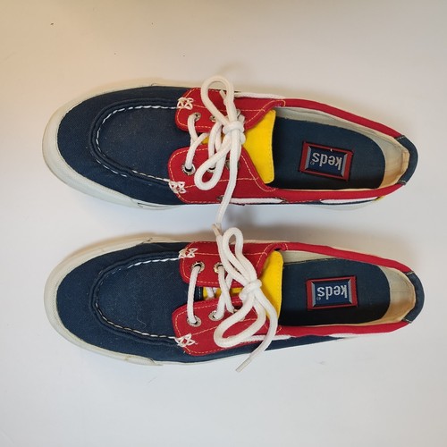 Vintage Keds Boat Shoes Size 7.5M Blue Red Yellow Colorblock Canvas Lace Up - Picture 2 of 10