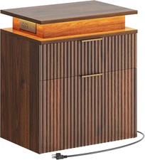 Fluted Nightstand with Charging Station, End Side Table with LED and 2 Drawers,