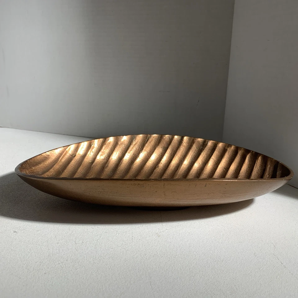 Modern Copper Tone Oval Metal Ribbed Serving Tray Centerpiece Fruit Bowl - Image 4 of 4