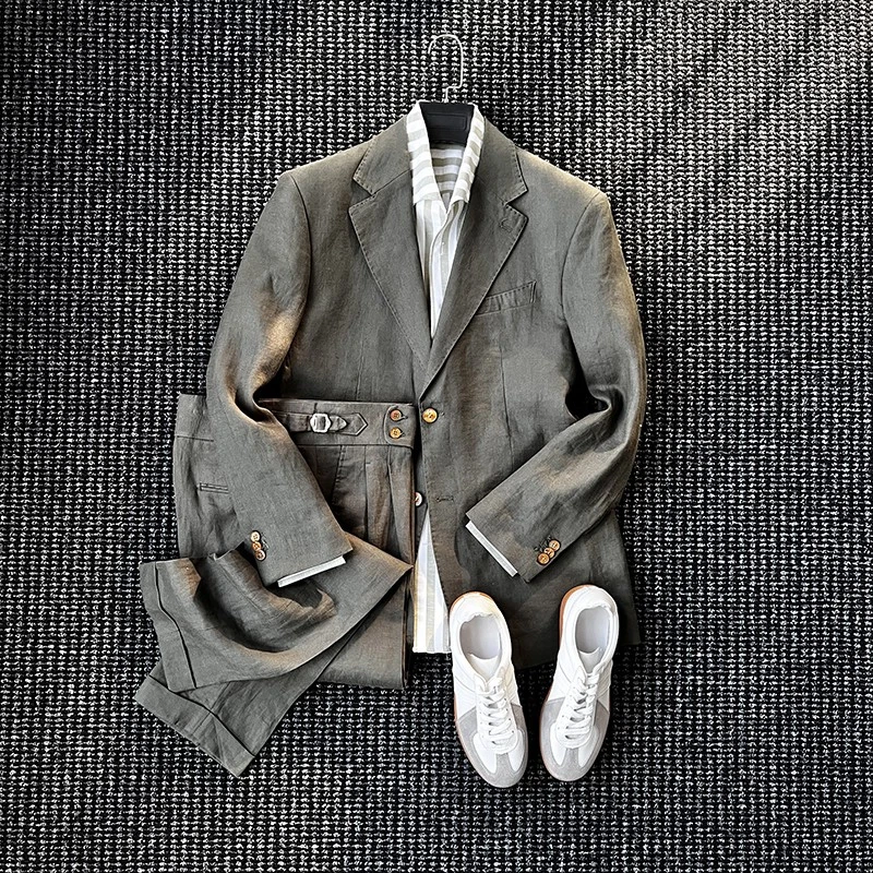 Traje Chaqueta Pantalones Vestido Formal Estilo Italiano Hombres 100% Lino Pecho Único 2 piezas Foto 2 de 4