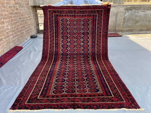 4.10x8.3 ft Antique Afghan Baluchi Rug – Hand Knotted Geometric Soft Pile Carpet