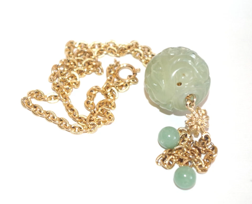 Antiguo colgante translúcido grande tallado Celedon anhelado redondo jade Lucky Lariat Foto 3 de 4