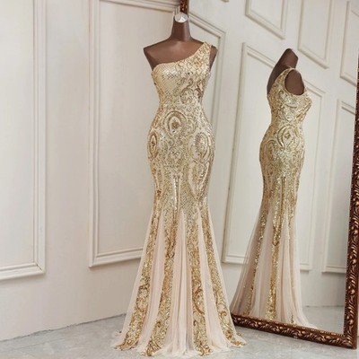 Sexy Gold Mermaid Evening Dresses One Shoulder Formal Prom Dresses  Customized | eBay