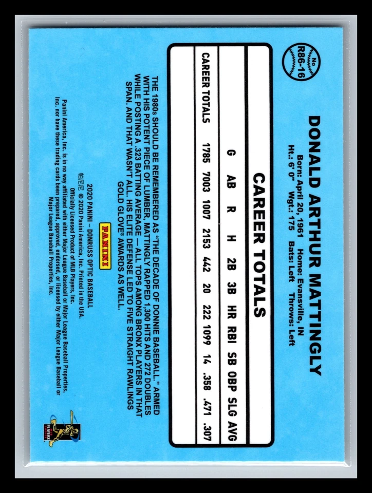 2020 Donruss Optic #R86-16 Don Mattingly Retro 1986 - Image 2 of 2
