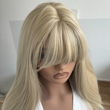 Long Straight Costume Wig With Bangs Mixed blonde Synthetic Hair Heat Resistant