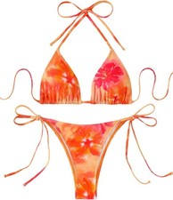 Y2K Hibiscus Bikini Set Orange Floral Tropical Triangle Swimsuit Sunset Side Tie