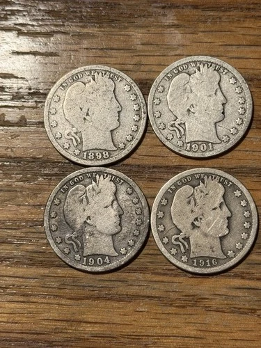 Lot of 4 Silver Barber Quarters  1898, 1901, 1904, 1916 D!! Nice Lot.  L237