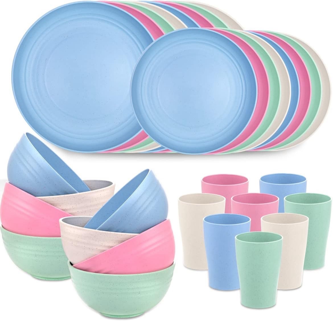 32pcs Wheat Straw Dinnerware Microwave Dishwasher Safe Dish Sets for8 Multicolor