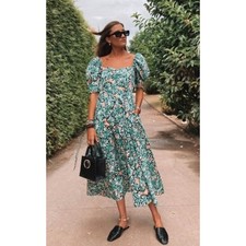 Zara Floral Side Cut-Out Poplin Puff Sleeve Midi Dress Green Pink Size Medium