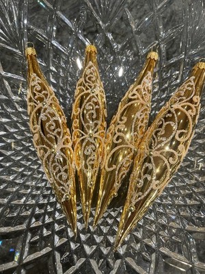 DAGMARA 4 Gold Icicles Swirl Glitter Skiny Glass Christmas Ornaments 7in