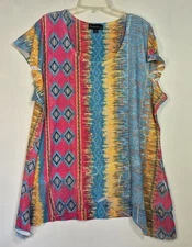 Signature Studio Women's Top Size 2X Multicolor Aztek Print Studs Sh Sleeve Y9