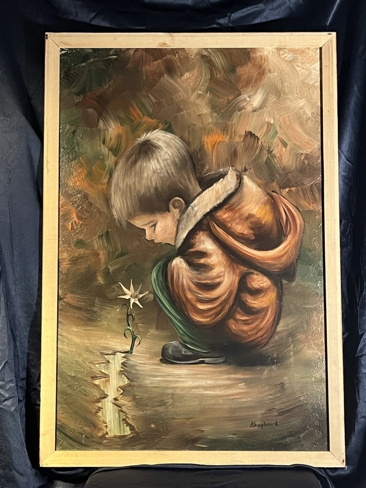 Pintura al óleo vintage - Firmado “Pastor” - 24” x 37” tonos terrosos “Niño y flor” Foto 2 de 4