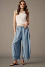 Anthropologie Reverie Lace Trim Tapered Pants Blue M NEW