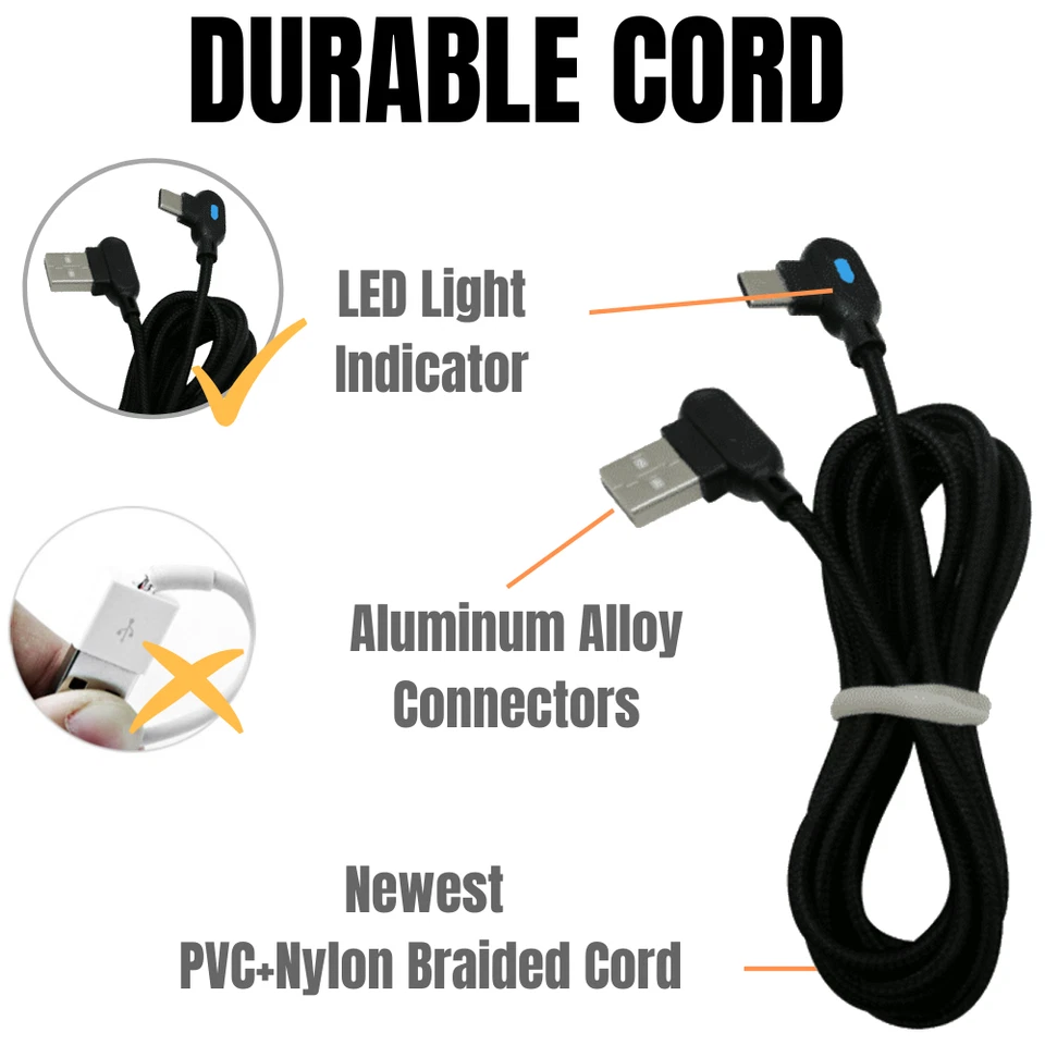 3 Pack Braided 90 Degree Right Angle Type C Cable 3Ft 6Ft USB-C Fast Charger Lot - Image 2 of 4