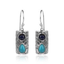 Turquoise Lapis Gemstone Oxidized 925 Silver Tree Bark Designer Earrings
