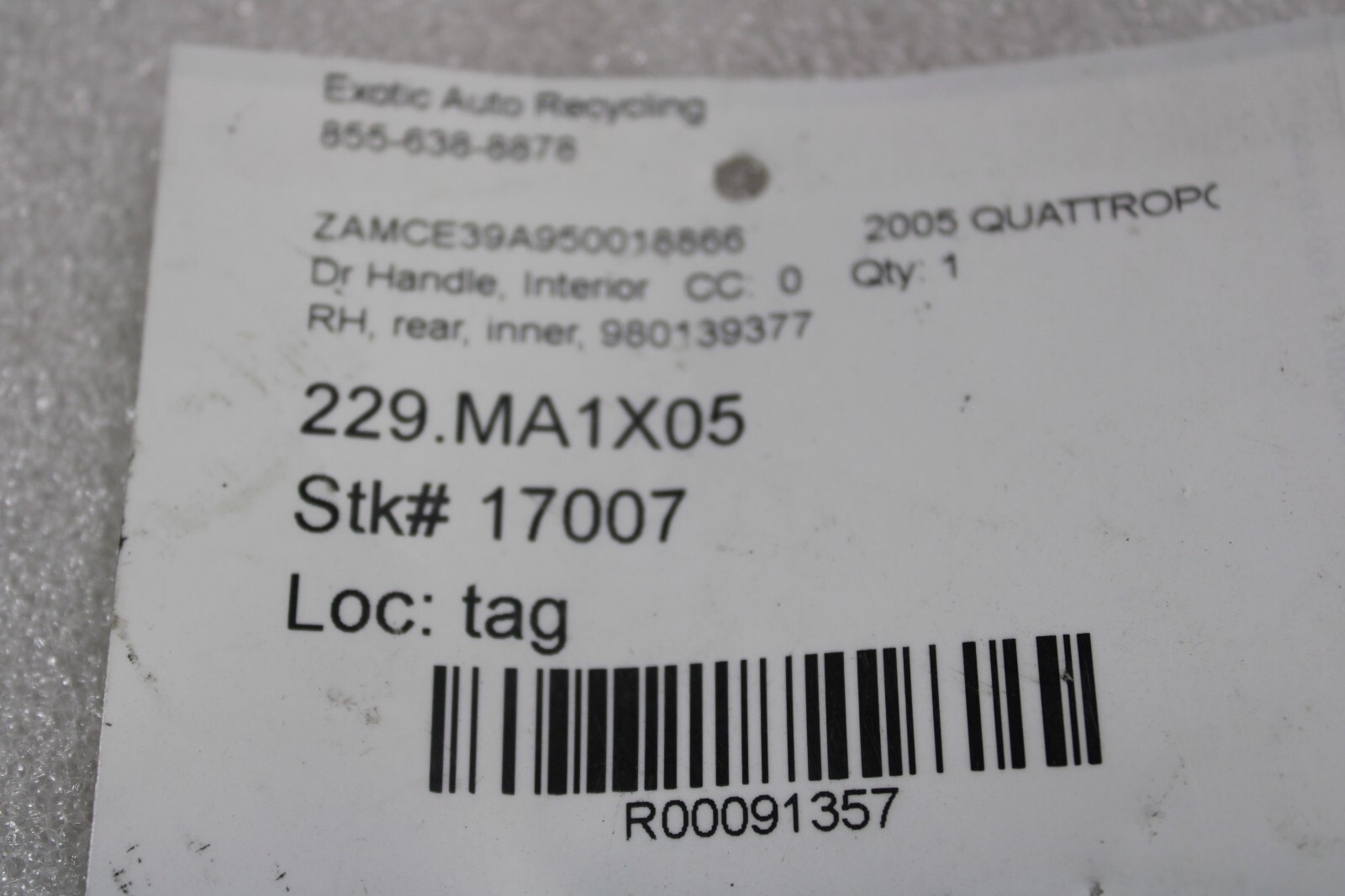 Maserati Quattroporte, RH, Rear Interior Door Handle, Used, P/N 980139377