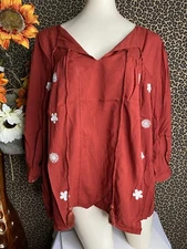 🦋DOE & RAE🦋Red/White Embroidered Long Sleeve Boho Peasant Top NWT | SMALL |