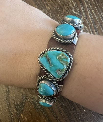 Chunky Blue Turquoise Sterling Silver Leather Slider Bracelet Nice Custom Made - Picture 8 of 14