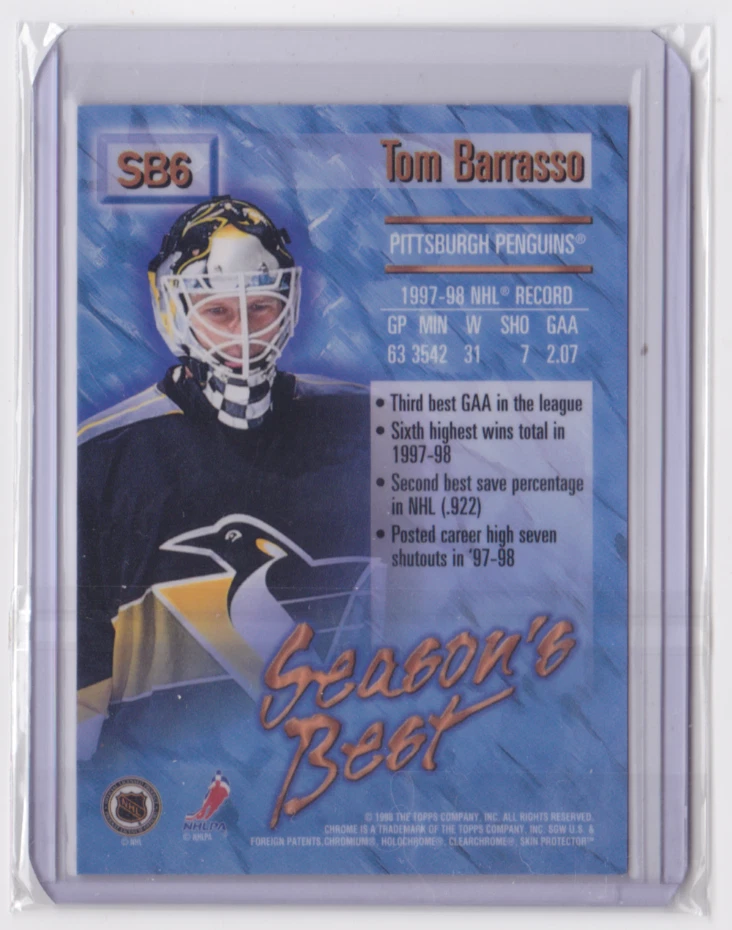 98-99 O-PEE-CHEE CHROME NET MINDERS INSERT TOM BARRASSO #SB6 PITTSBURGH PENGUINS - Image 2 of 2