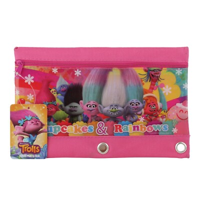 Trolls Poppy & Friends Girls Kids Pencil Pouch School 3 Ring Zipper Holder Case