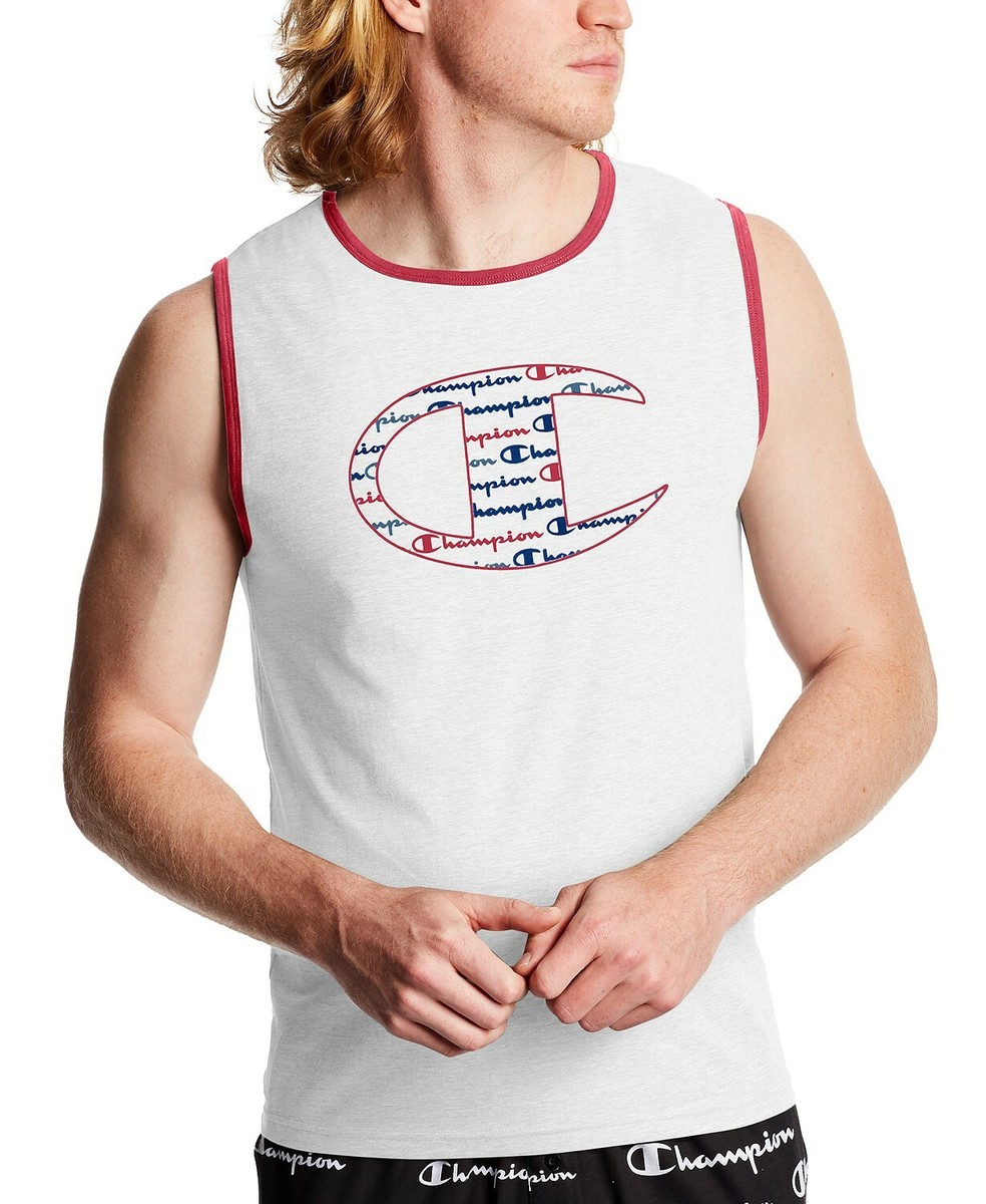 Champion Men's Cotton Logo Sleep Tank Top White/Red, Choose Size
