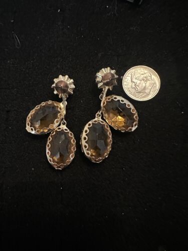 Vintage 1950s Faceted Citrine Dangle Earrings Gold Tone - Picture 2 of 5