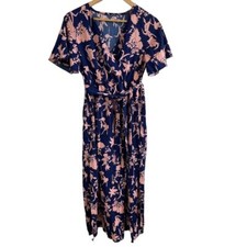 Shein VCAY Midi Dress Womens 4 Navy Blue Pink Floral Belted Layered Warp Boho