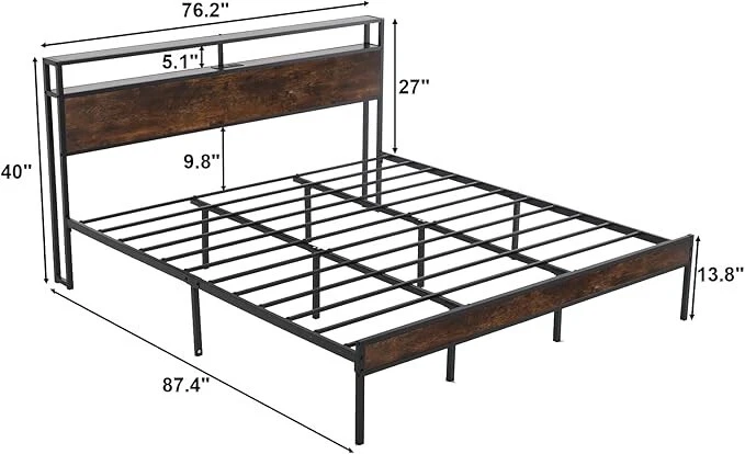 Marco de cama tamaño completo/queen/king con almacenamiento de 2 niveles y cabecero de luces LED Foto 4 de 4