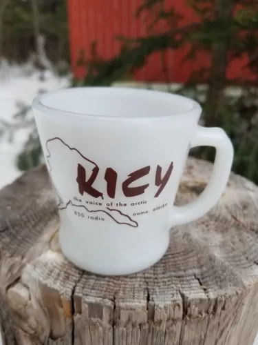 Fire King Milk Glass Coffee Mug Voice of the Arctic Nome Alaska Radio Station 