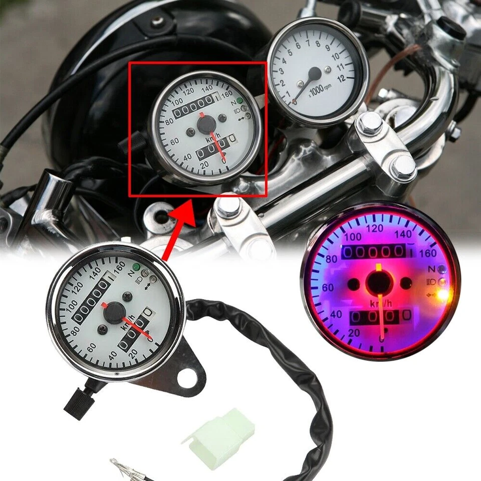 Chrome Motorcycle LED Tachometer Speedometer Gauge For Chopper Bobber Cafe Racer Foto 3 de 4