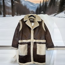 Just Fab Casual Almfi 4 N 1 Shearling Faux Leather Long Coat, Brown Combo Large