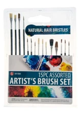 Sona Enterprises 15pc Natural Hair Wooden Handled Assorted Artist Brush Set 