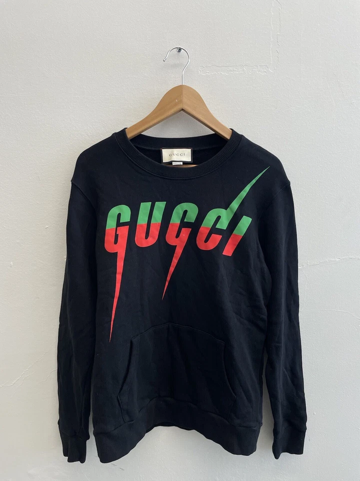 Auténtico Suéter GUCCI PARA HOMBRES Negro 100% Algodón Verde Hoja Roja Estampado Logo Talla S Foto 2 de 4