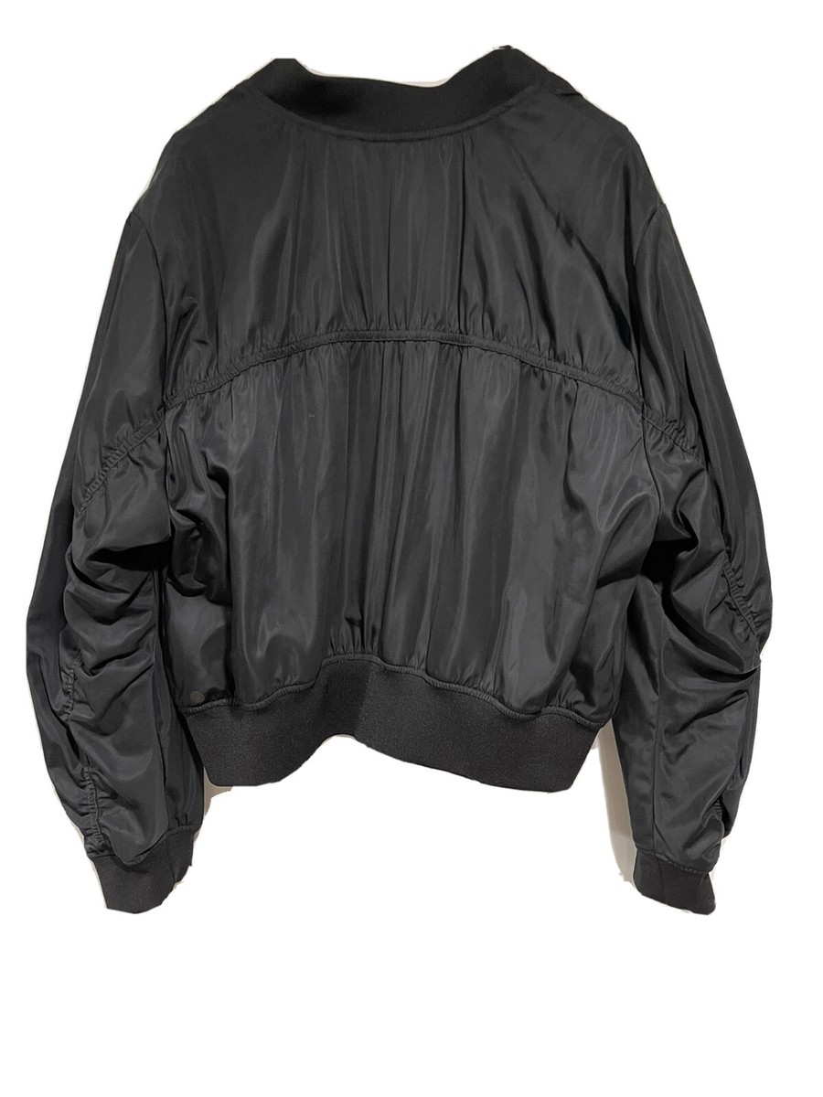 Zella Ella Luxury Satin Bomber Jacket Black Full Zip Ruched Back