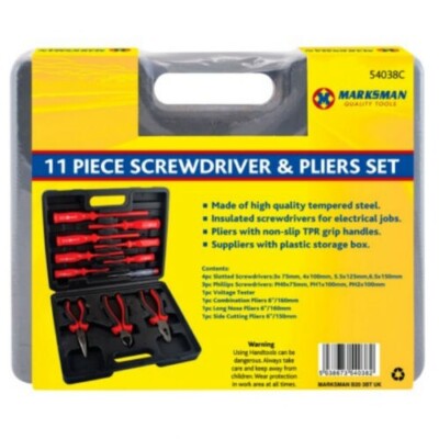 BRANDNEU 11-TEILIGES SCHRAUBENDREHER-ZANGEN-SET SPANNUNGSPRÜFER KREUZSCHLITZ KOFFER PLUS MINUS FLACH