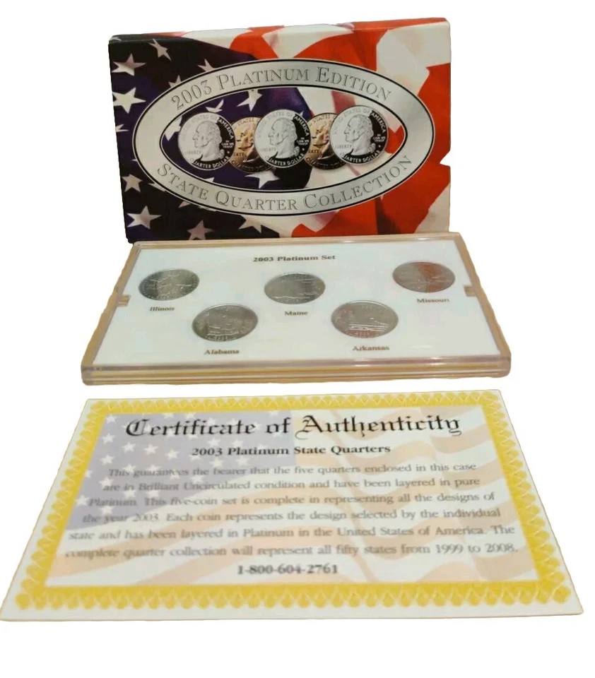 2003 P Mint Platinum Edition 5 PC State Quarters Set IL,AL,ME,M0, AR-C.O.A. - Image 2 of 4