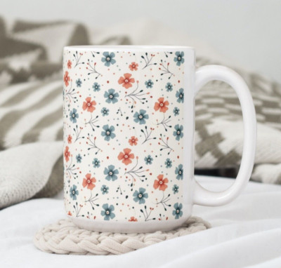 Japanese Flowers Coffee Tea Mug Cup Ceramic 15 Oz Floral Illustration Mugzan