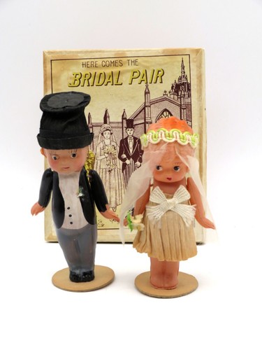 Antique Celluloid Bride and Groom Wedding Doll Couple Japan in Original Box