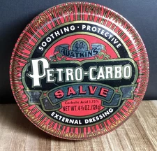 VINTAGE WATKINS PETRO-CARBO SALVE OLD DRUG STORE MEDICINAL TIN 4 3/8 Oz Empty